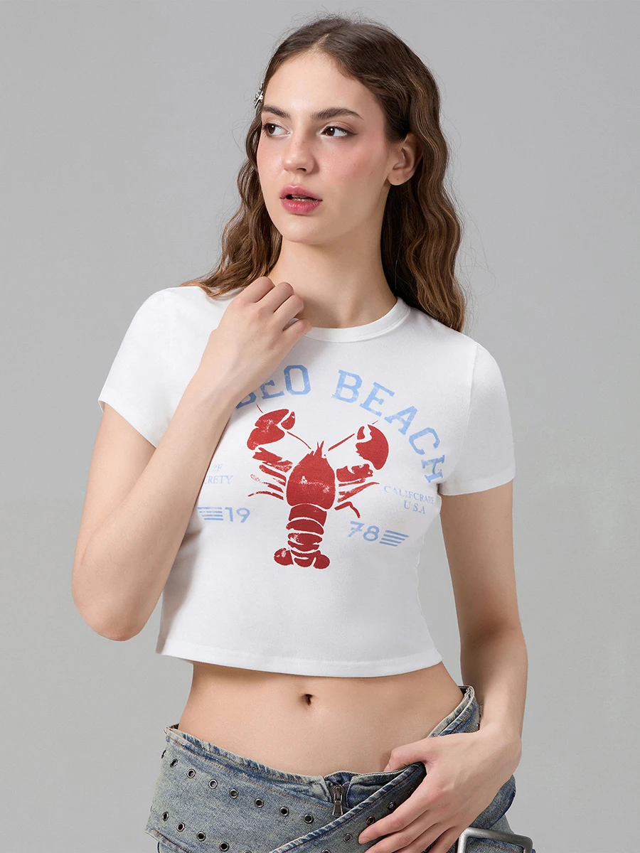 Women Cute Letter Lobster Print T-Shirt Fairy Grunge Short Sleeve Crew Neck Baby Tee  2024 Summer Slim Fit Crop Top