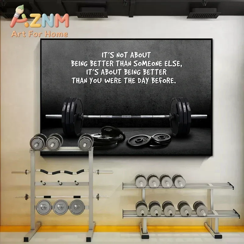 AZNM Fitness Motivational Canvas Wall Art Barbell Inspirational Quote Frameless Print Poster for Gym Workout Room Home Decor