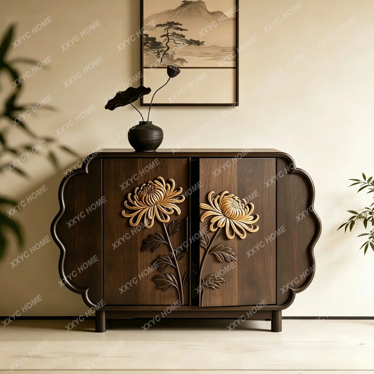 

Solid wood dining side cabinet swing door free installation side cabinet living room carved locker