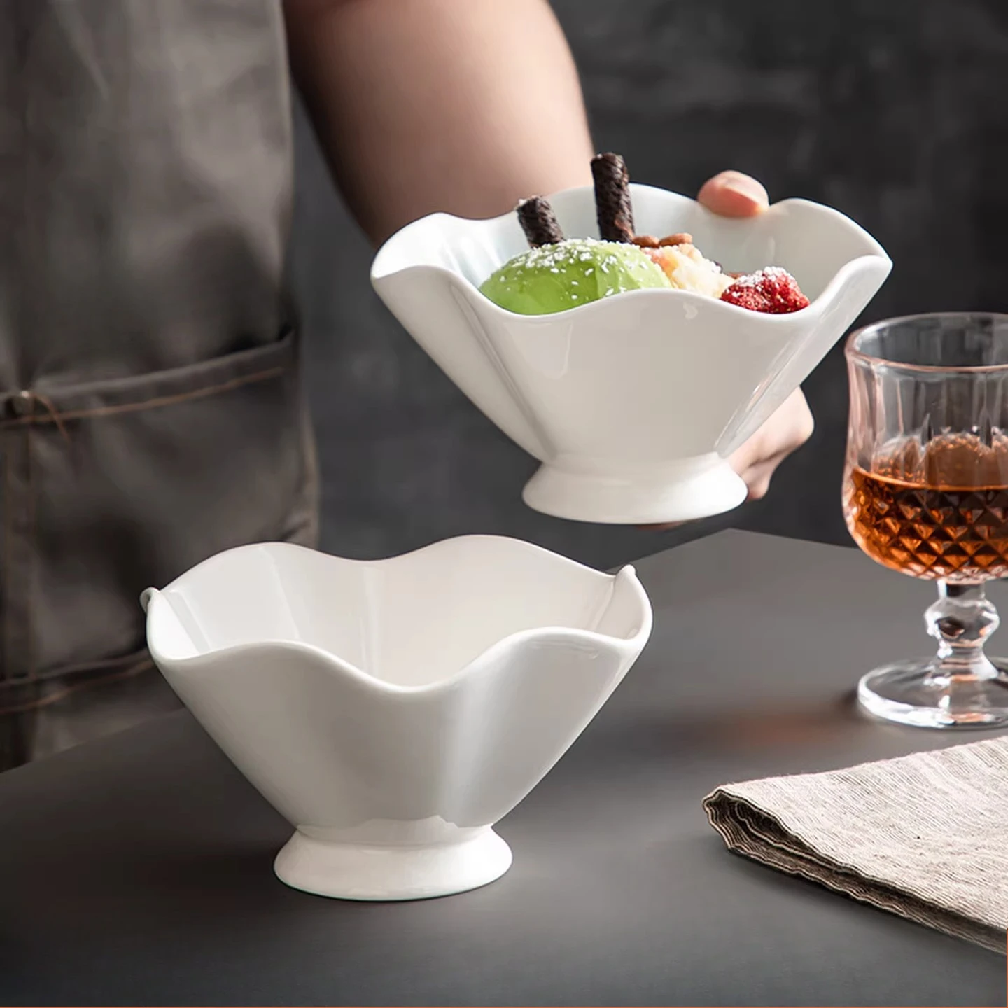

Ceramic Dessert Lotus Leaf Bowl High Appearance Level Kitchen Simple Fruit Salad Bowl Household Ice Cream Sugar Water Tableware