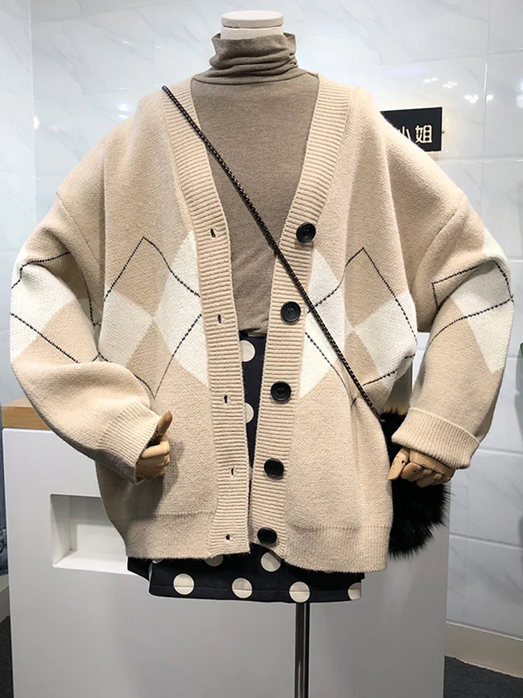 Autumn Long Sleeve Geometric Printing Knitted Cardigant Sweater Women Casual Loose Botton Women Sweaters Coat Winter Clothes