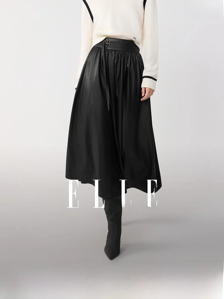 

ELLE Modern Black PU Leather Half Skirt Women's Commute Design Sensation Winter New Style Midi Umbrella Skirt