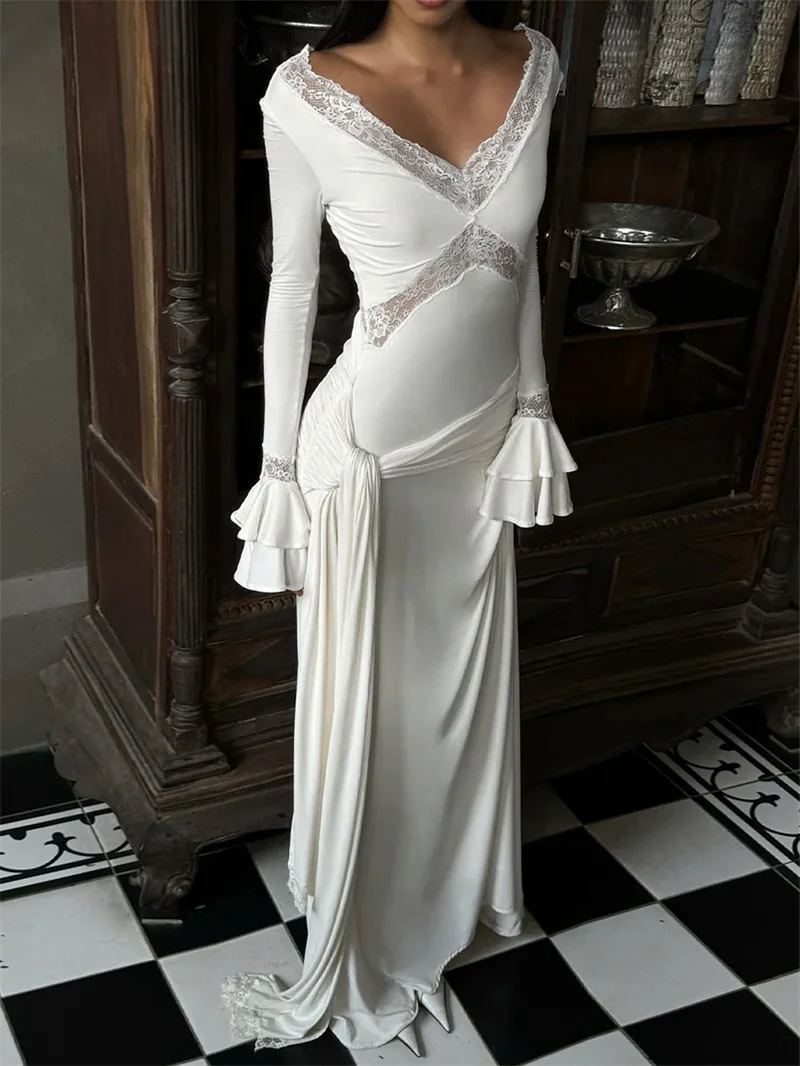 

White Lace Women Prom Dress Sexy V Neck Full Flare Sleeves Ruched Ruffles Long Party Gown Formal Elegant Prom Birthday Robe