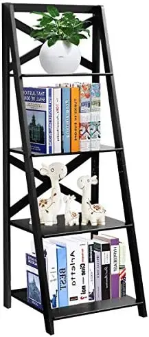 4-Tier Ladder Shelf Bookcase Leaning Free Standing Wooden Frame Decor Bookshelf Storage Flower Shelf Plant Display Shelf for Hom