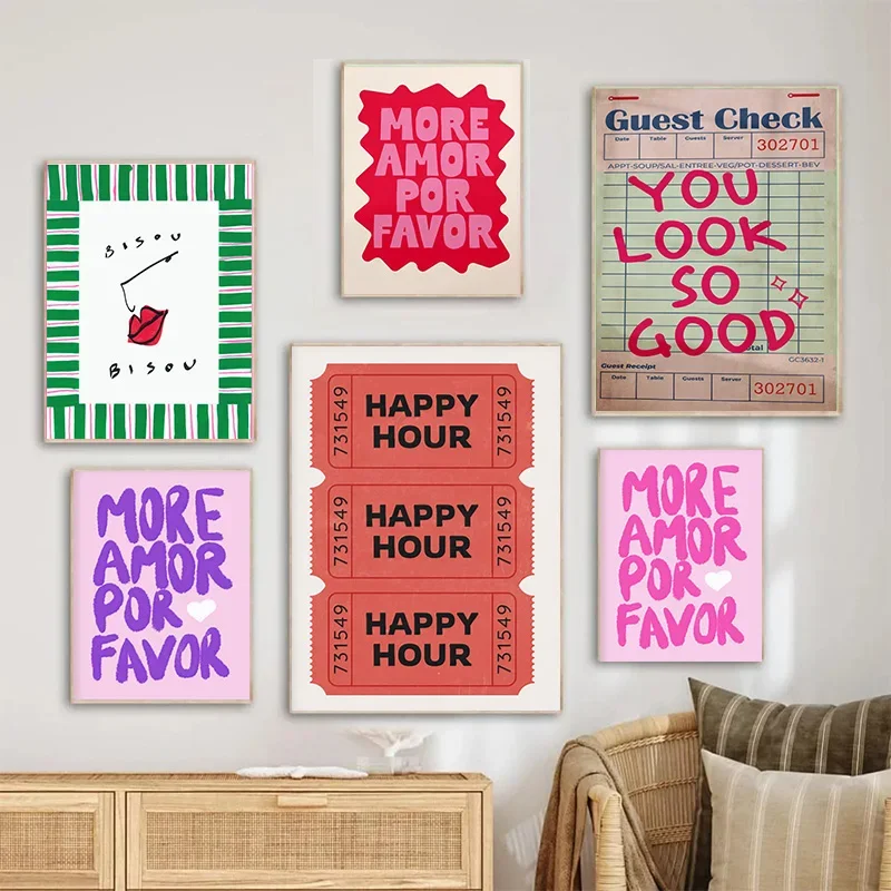 Maximalist Sunshine More Amor Por Favor Wall Art Canvas Painting Eclectic Yellow Love Quote Poster for Living Room Home Decor