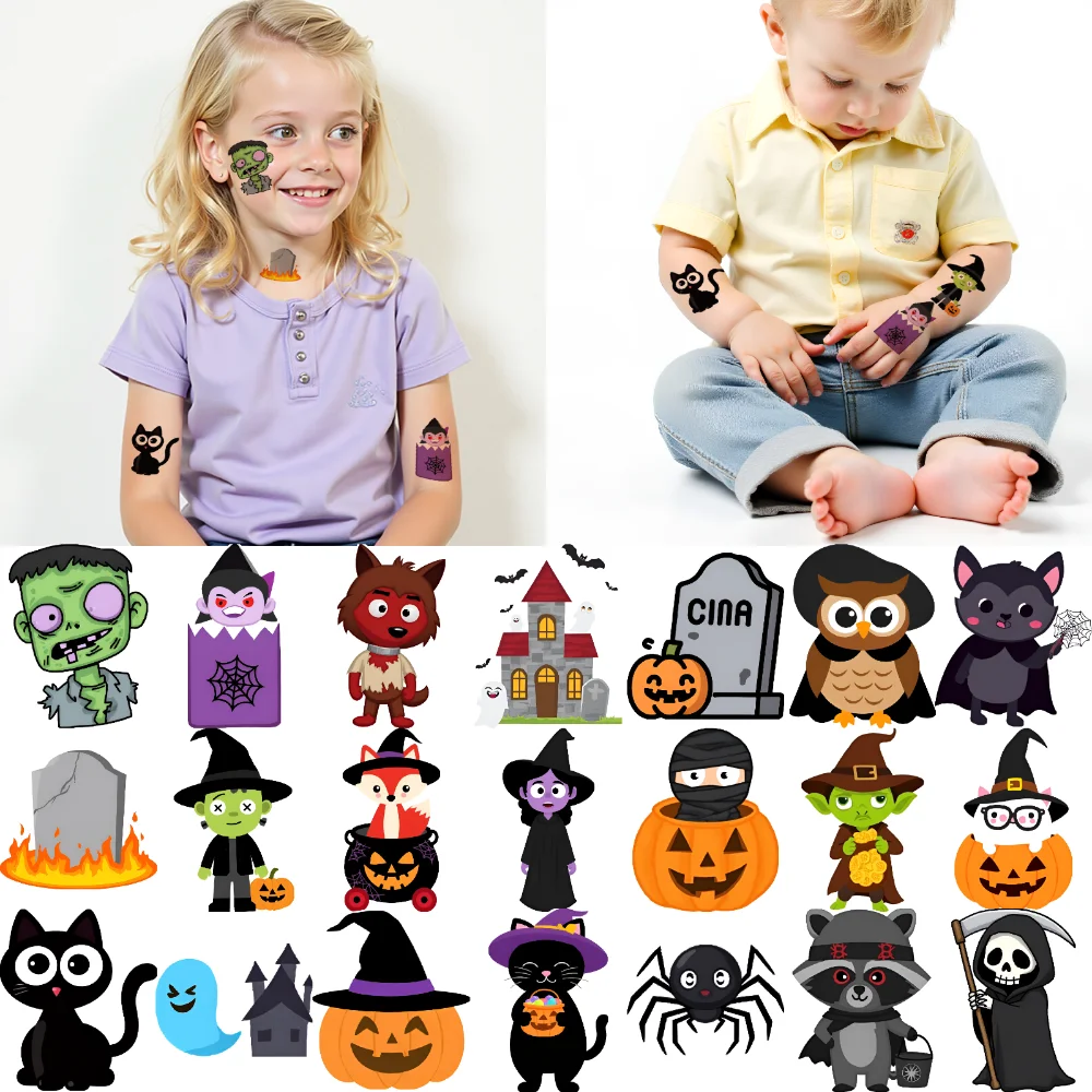 

63 шт., временная татуировка, кекс, ведьма, водостойкие долговечные наклейки для тела, паук, надгробие, тыква, ведьма, мультфильм для щек