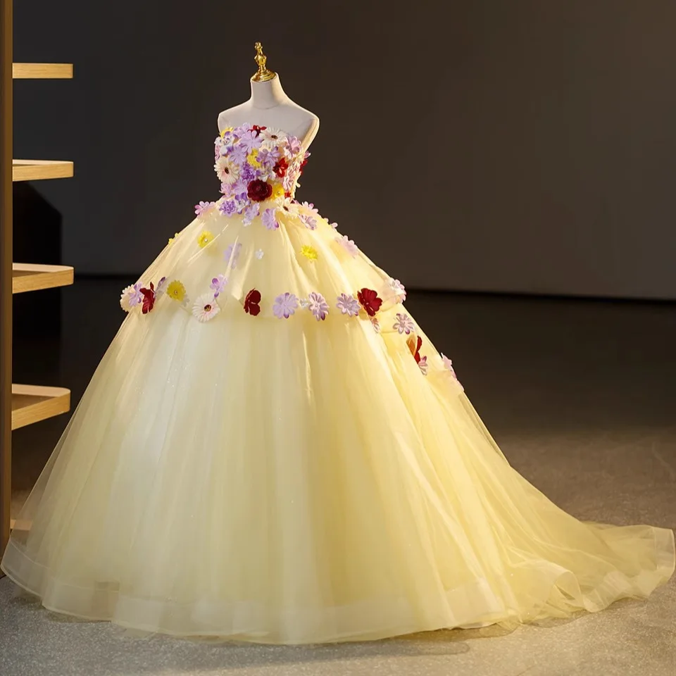 3D Handmade Colorful Flowers Yellow Quinceanera Dresses Prom Party Gown for Women Floor Length robes 15 Years Old Ball Gowns