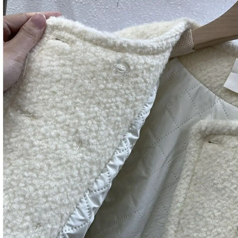 Round neck Lamb wool coat short autumn/winter cotton jacket Luxury design style double breasted casual noble temperament warm