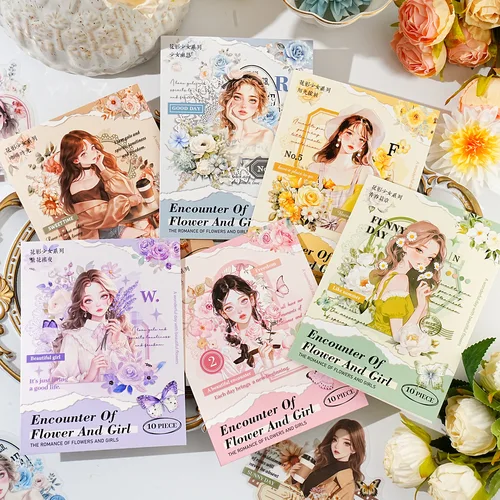 Imagen 2 del producto 10 uds/1 lote de adhesivos de papelería kawaii, flor y sombra, diario basura para chica, álbum de recortes decorativo, pegatina artesanal DIY