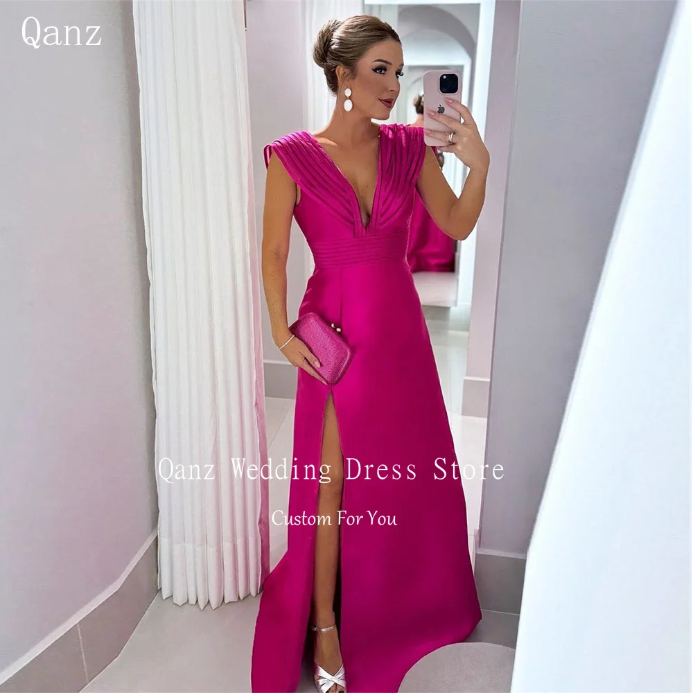 Qanz Women Long Fuchsia Prom Dresses 2024 Deep V Neck High Slit Satin Evening Party Gowns Customized Backless Vestidos De Festa