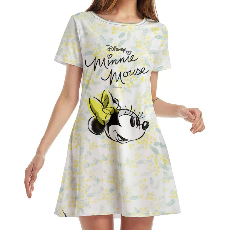 Disney – Mini robe Minnie Mouse à col rond pour femmes, tenue de plage décontractée, style Boho, manches courtes, Y2K, nouvelle collection été 2022