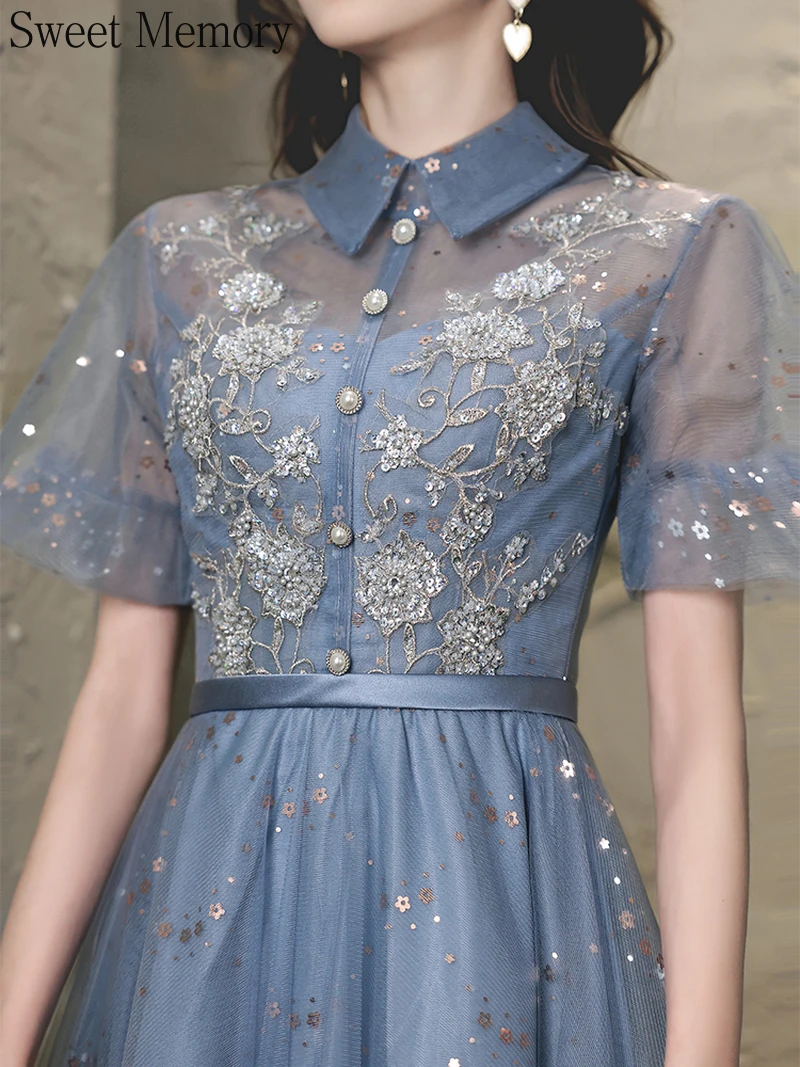 Gray Blue Tulle Prom Dresses Vintage Turn-Collar Illusion Lace Short Sleeve Graduation Gown Woman Girl Wedding Party Dress