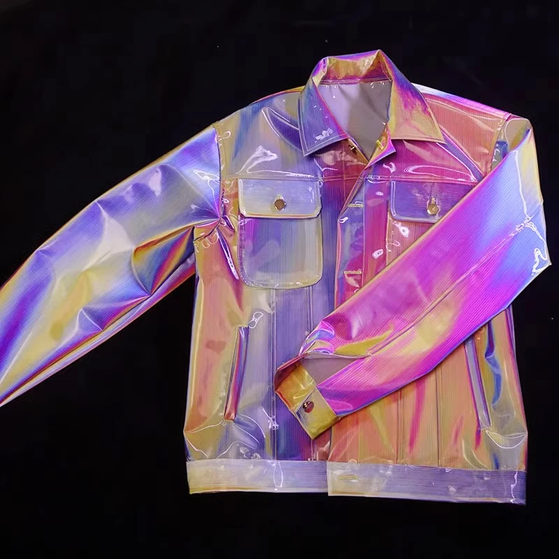 Holographic Gloss Fashion Women PU Plastic Jacket Loosen Waterproof DJ Club Costumes Transparent Plastic Coats Punk Streetwear