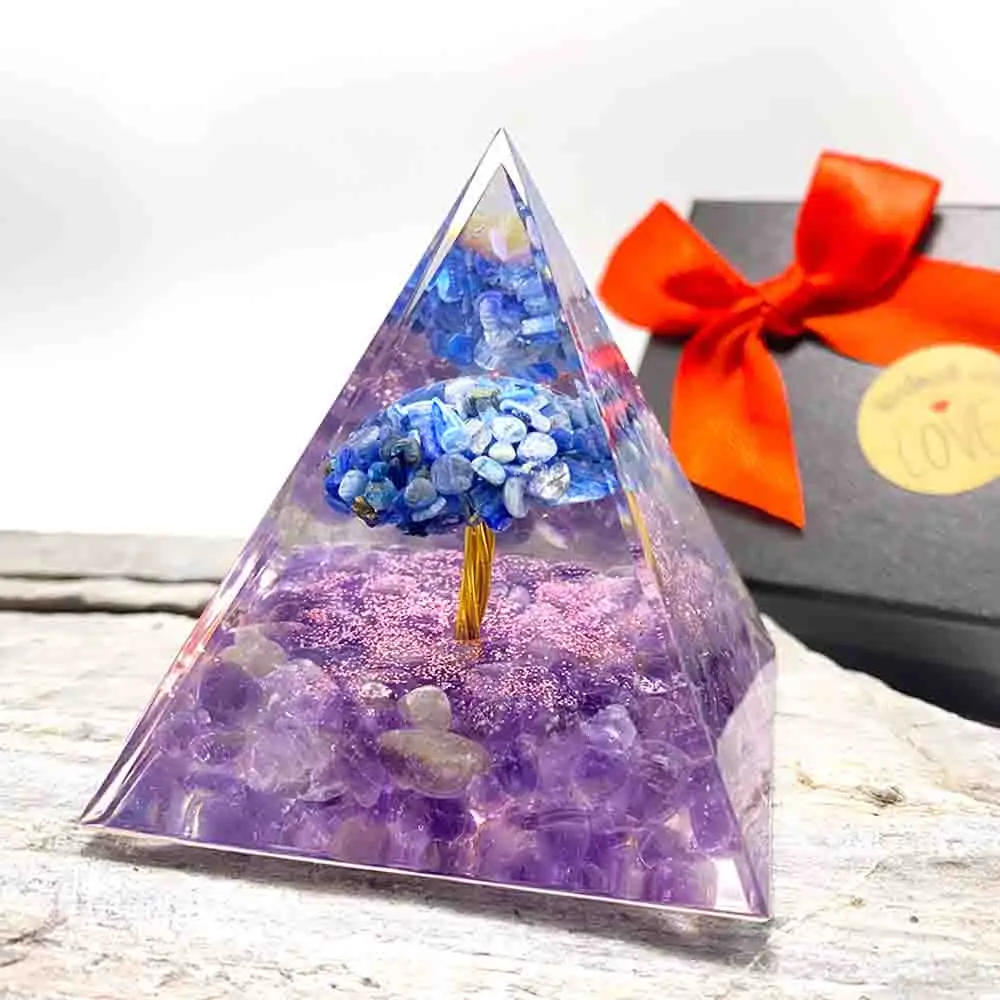 Orgone Pyramid kyanite Amethyst Tree Of life Healing Crystal Energy Orgonite Pyramide Emf Protection Meditation Tool Quartz