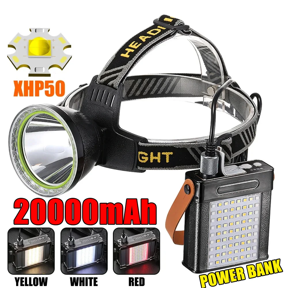 High Power 20000mAh LED Headlamp Multifunction Head Flashlights With High-capacity Power Bank Camping Fishing Split Headlight