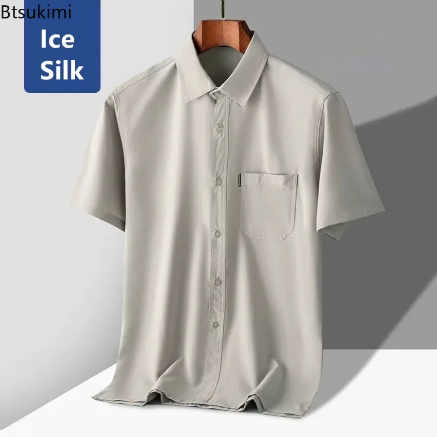 Summer New Men's Solid Short Sleeve Business Casual Shirts High-grade Ice Silk Breathable Lapel Blouse Pocket White Shirts Male