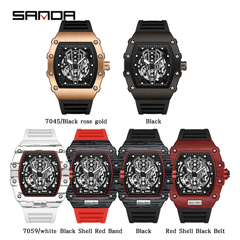 SANDA Top Brand Luxury Sports Quartz Wristwatches for Men Military Chronograph Tonneau Watch Silicone Strap Quartz Watches