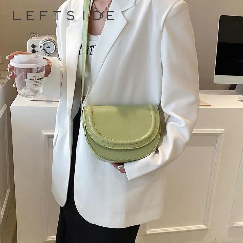 LEFTSIDE  Saddle Crossbody Bags for Women Females Candy Color Leather New 2023 Trend Fashion Solid Simple Handbags and Purses