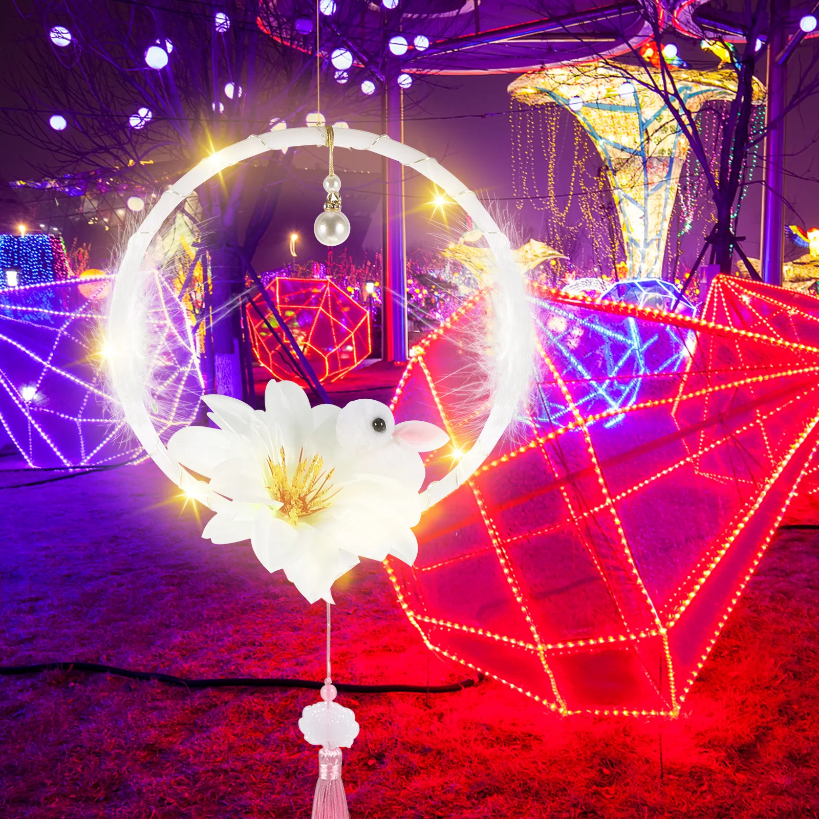 

1 Set Peony Glow Rabbit Lantern Diy New Year Decorative Luminous Handheld Festival Light For Kids Portable Night Lamp