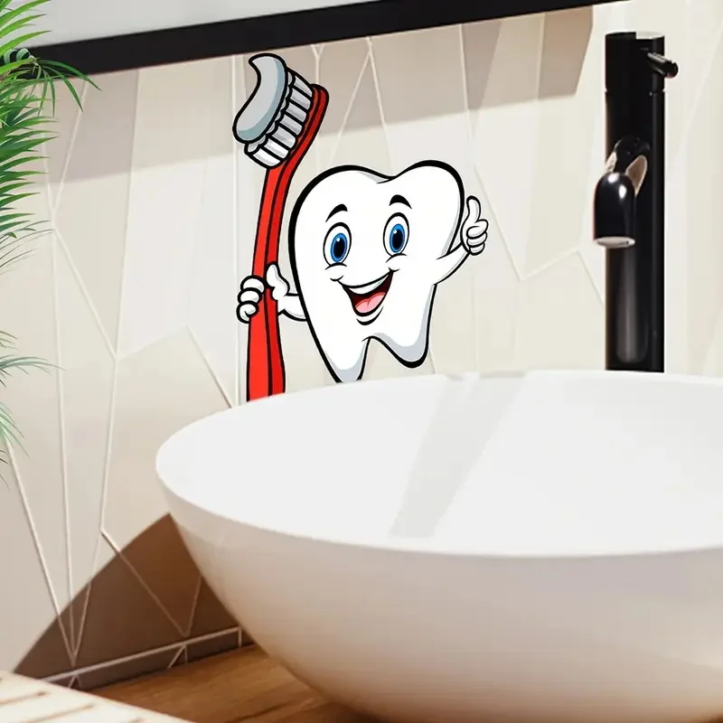 Cartoon Tooth & Toothbrush Wall Decal  Self-Adhesive for Bathroom Shower Room Decor, Creative Art Wallp Pape