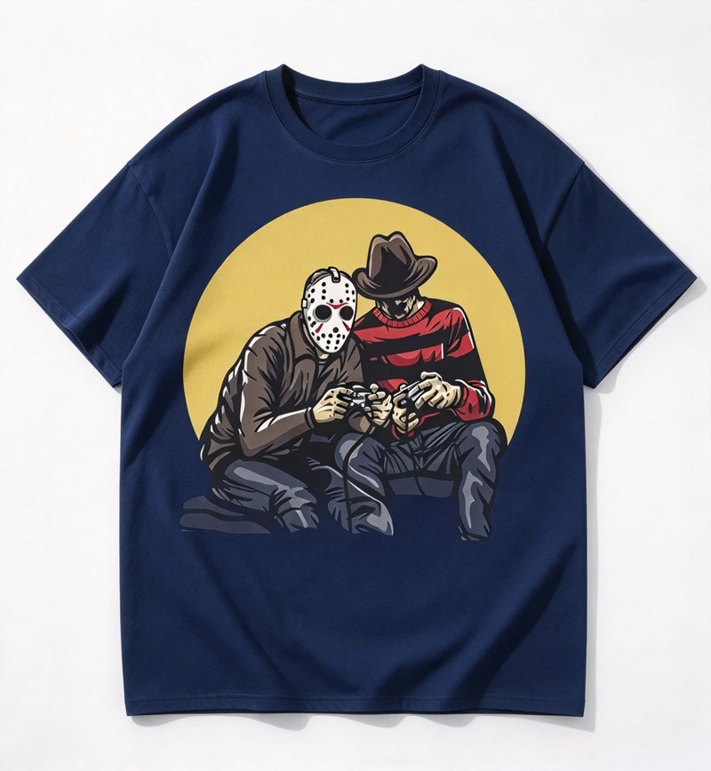 Horror Scary Movie Villains Playing Video Games Jason Unisex Heavy Cotton Tshirt Cotton Short Sleeve Retro 80s 90s Movie Fan Tee