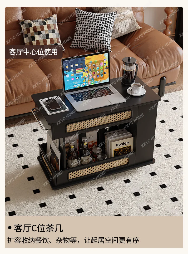 A mesa de centro francesa retrô com borda de vime pode ser movida e levantada