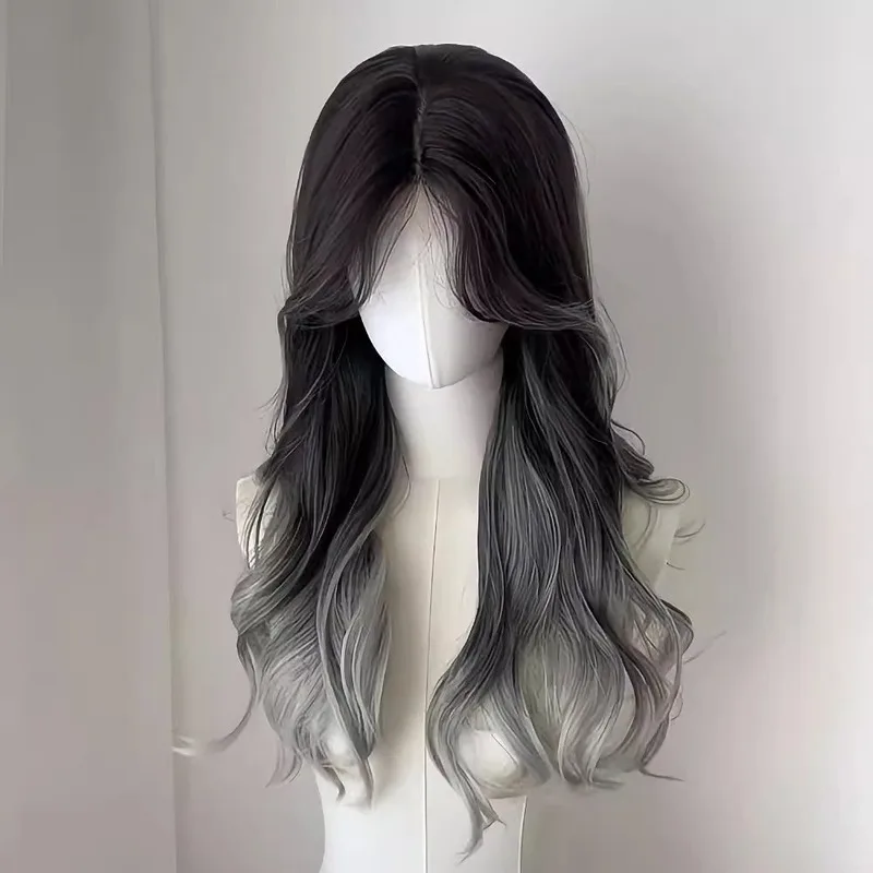 Full wig for women with , gradient long curly , realistic imitation hair, Parisian gray highlights,