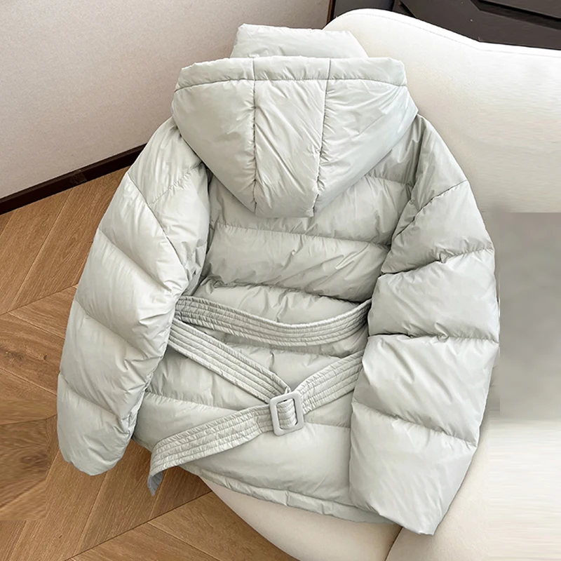 ZAROY Women Winter Hooded Cotton Padded Jackets With Belt Solid Fashion Female Thicken Windproof Puffer Coat Loose Snow Overcoat