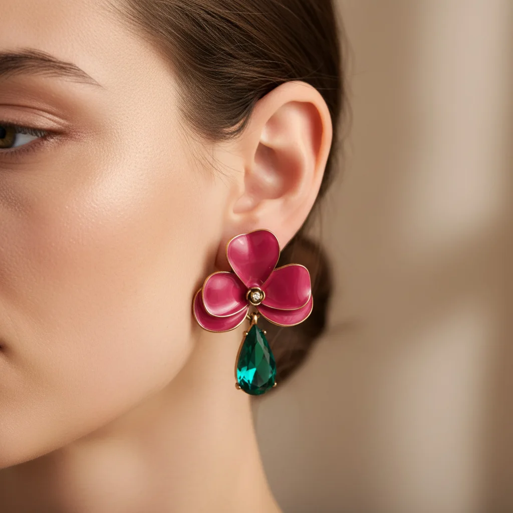 Romantic Enamel Flower Earrings for Women Lady Water-drop Different Color Clear Crystal Ear Stud Office Party Jewelry Gifts