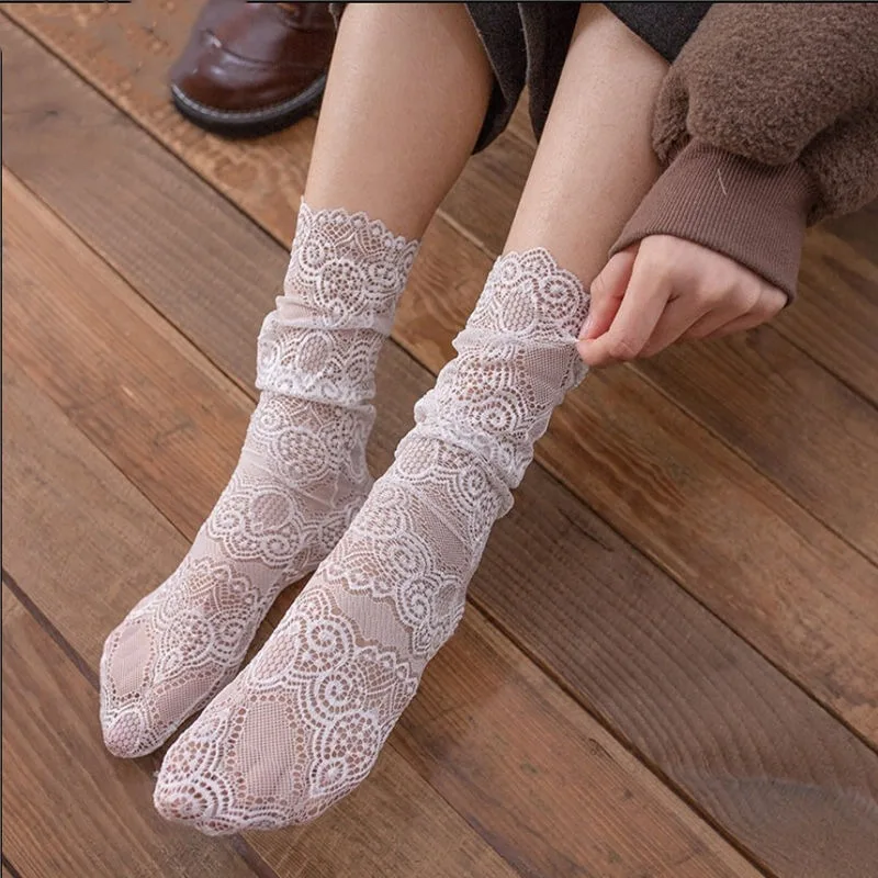 

Summer Lace Thin Women's Mid-calf Socks Retro Hollow Out Breathable Small Mesh Hottie Ankle Socks