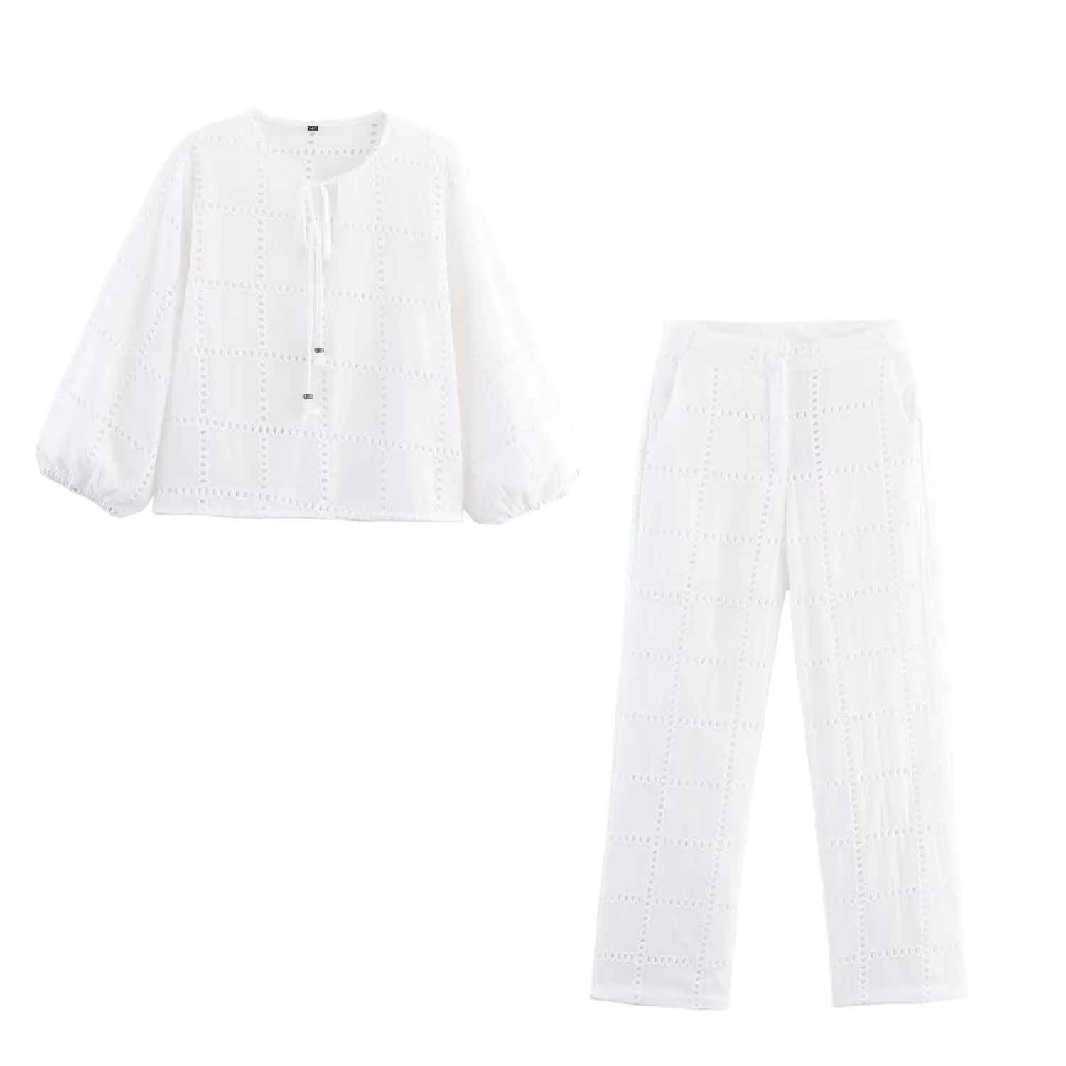 

Новые осенние женские брюки из двух предметов, повседневная блузка с вышивкой + прямые брюки с высокой талией, длина девять очков, брюки