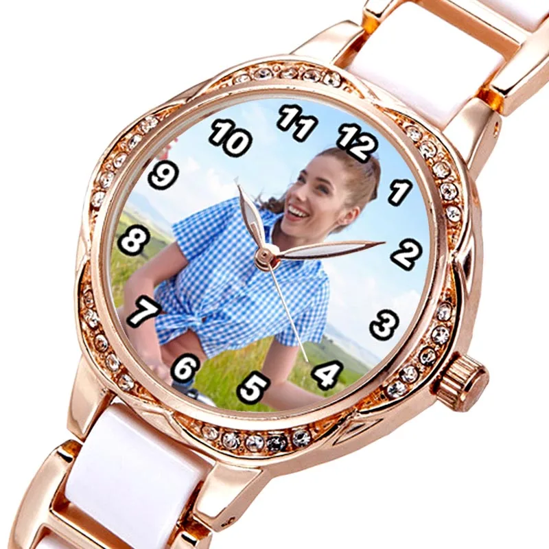 A4401w personalizado com logotipo próprio relógio strass diamante cor dourada relógio personalizado mostrador presente para namorada pulseiras fotográficas femininas