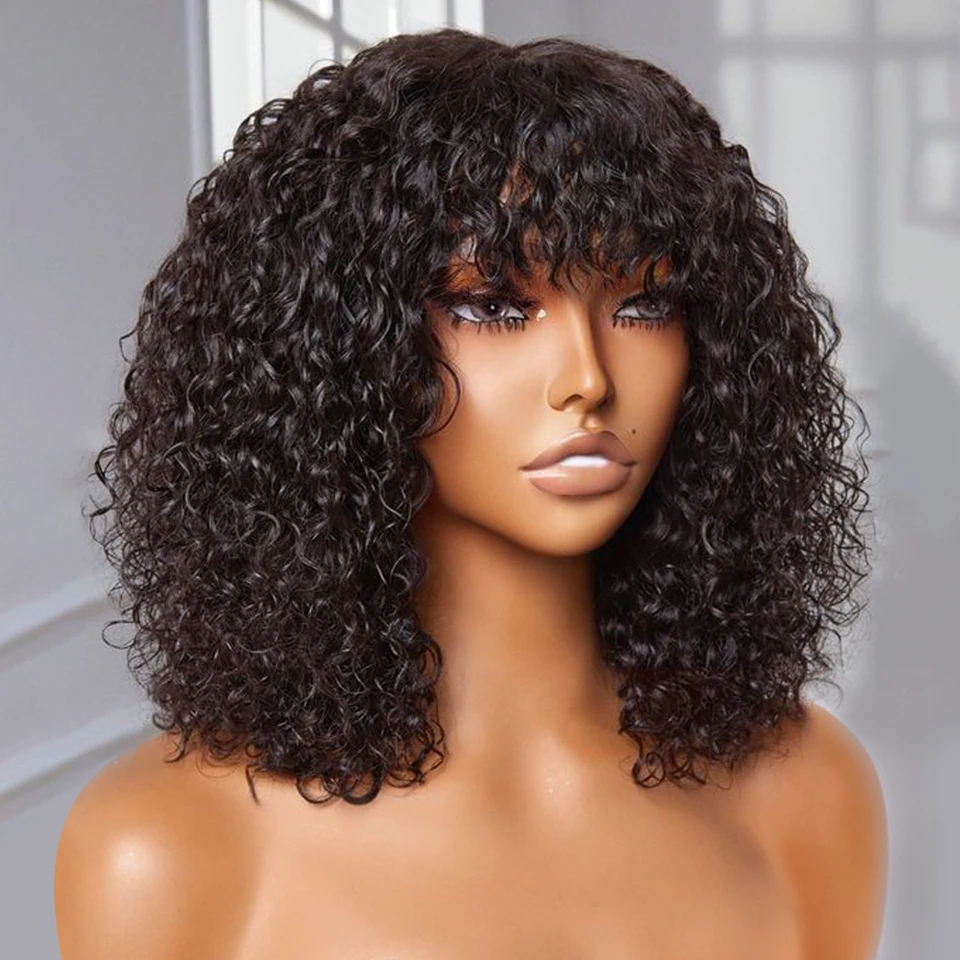 Brazilian Jerry Curly Short Bob Human Hair Wigs With Bang Wear To Go Glueless Wig Highlight Water Wave Blonde Wig For Women