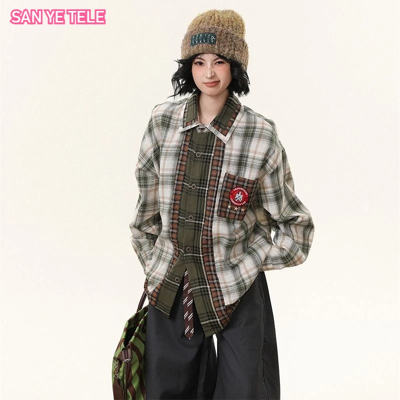 

Patchwork Checkered Long Sleeve Shirt Women Men Spring Autumn Oversized Chic Loose Retro Casual Stylish Top Couple's Jacket