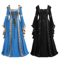 Halloween strega Costume nero medievale vittoriano con cappuccio rinascimentale Vestido donne Steampunk gotico vampiro Maxi vestito Plus Size