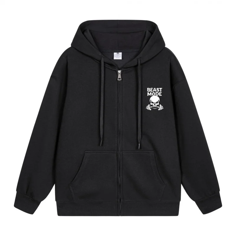 

Men's Zip-Up Hoodie Black Hoodie With White Logo 2025 New Style Casual Couples’ Style Casual and Loose