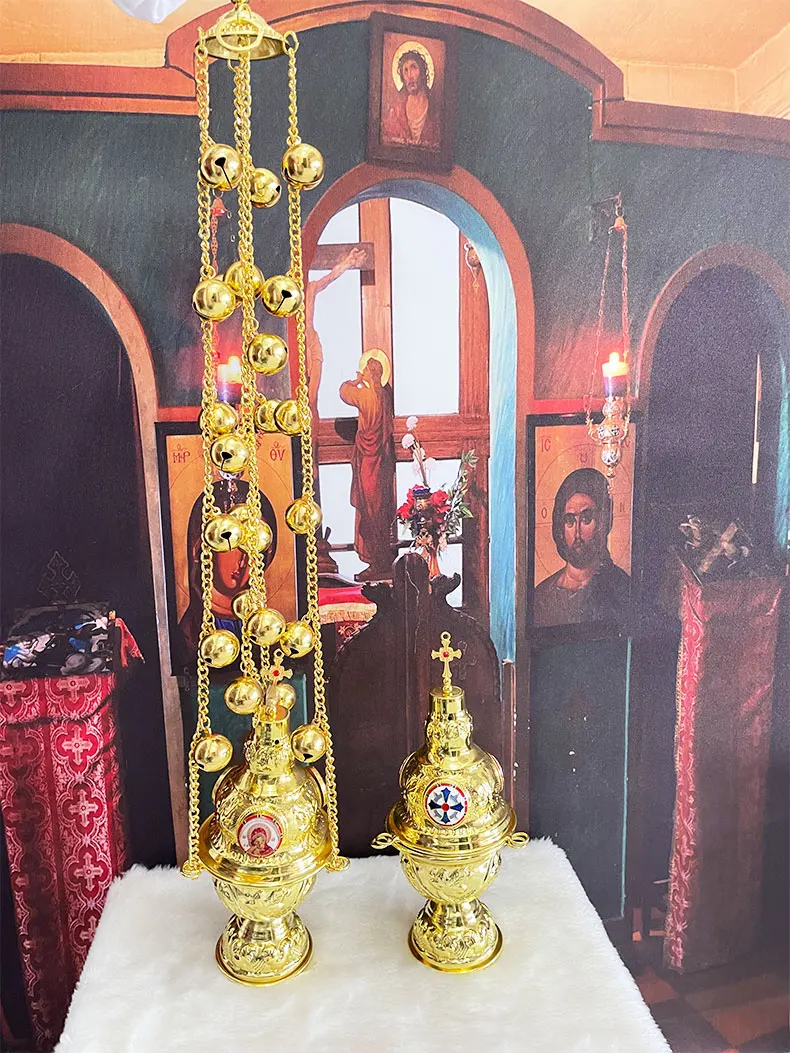 HTISOK Neuer Räucherbrenner Orthodoxe Kirche Messe Liturgisches Räuchergefäß Wandmontage 12 Glocken Vergoldung religiöse Rosenkränze – Detail 5