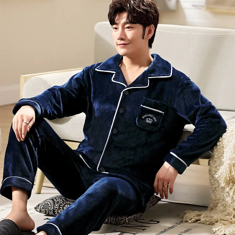 Pijama de flanela grande masculino, cardigã espesso, manga comprida, além de veludo, quente, velo coral, Homewear