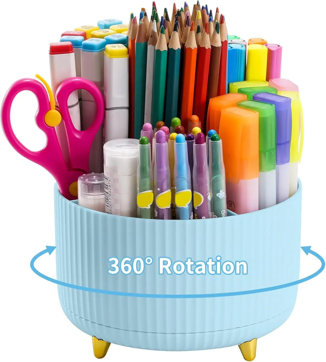 

360° Rotating Desk Organizer, 5 Compartments Pen Holder for Office Supplies, Pencil Caddy in Light Blue
