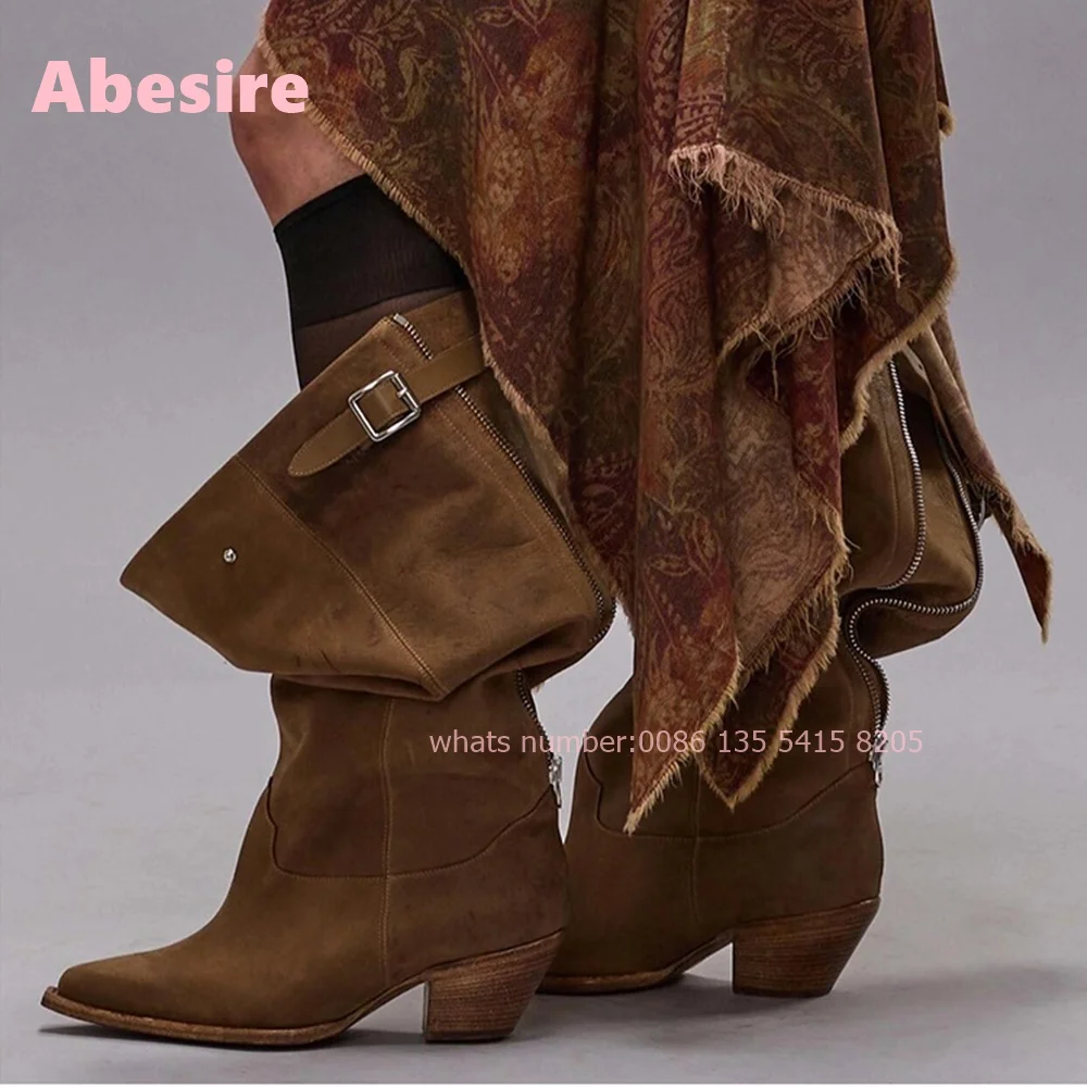 

Spicy Girls Western Cowboy Boots Retro Pointy Toe Block Heel Pleated Knight Boots 2024 Winter Brown New Design Casual Shoes Warm