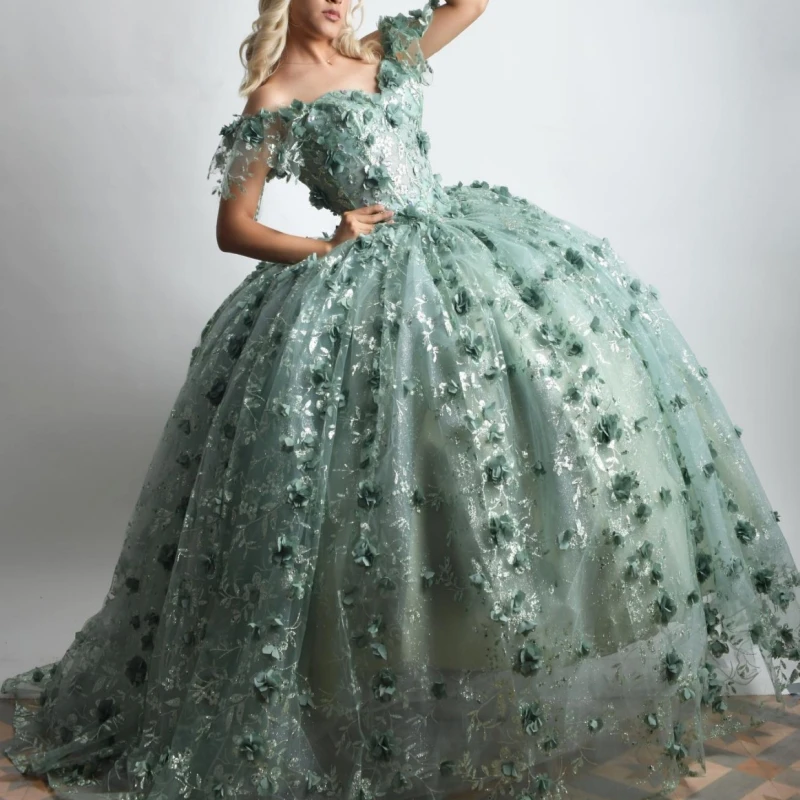 

Mint Green Shiny Ball Gown Quinceanera Dresses Off The Shoulder Sequin Applique Flower Beads Party Birthday Sweet 16 Dress Vesti