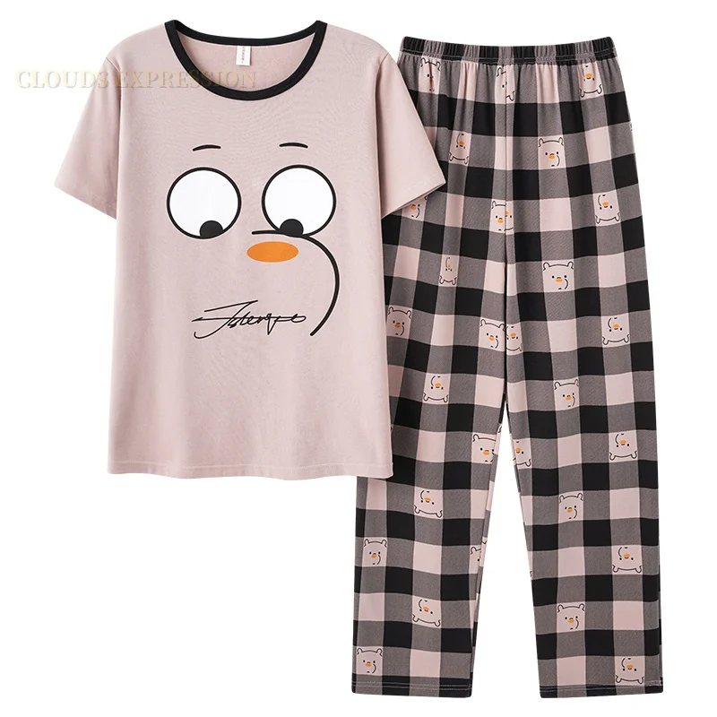 Summer Big 4XL Couple Pijama Knited Cotton Matching Pajamas Sets Long Pant Sleepwear Pyjamas Night Suits Pijamas Size Homewear