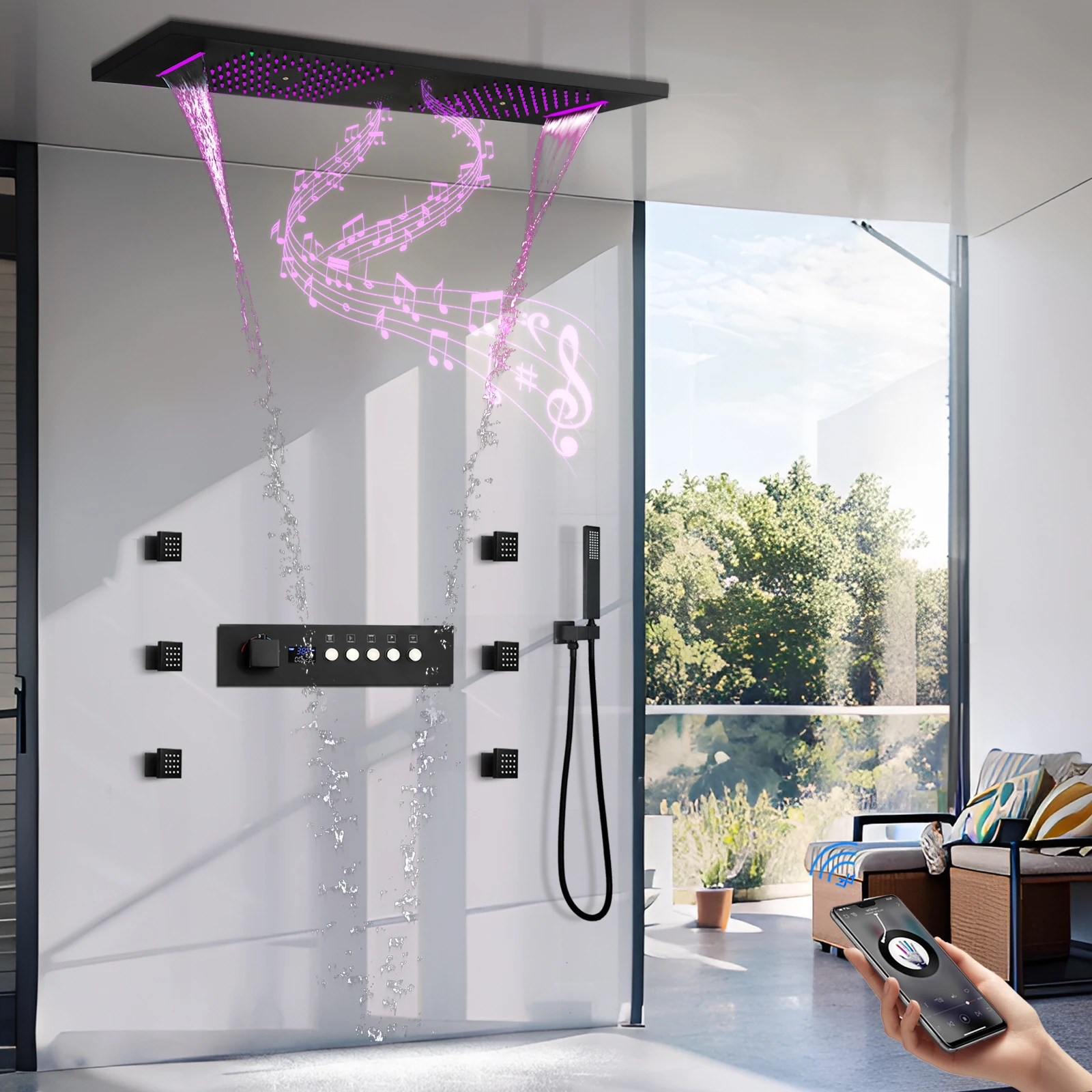 

Smart Ceiling Mount 36*12inch Music LED Shower Head Rain Massage Thermostatic Concealed Shower System Set Bathroom