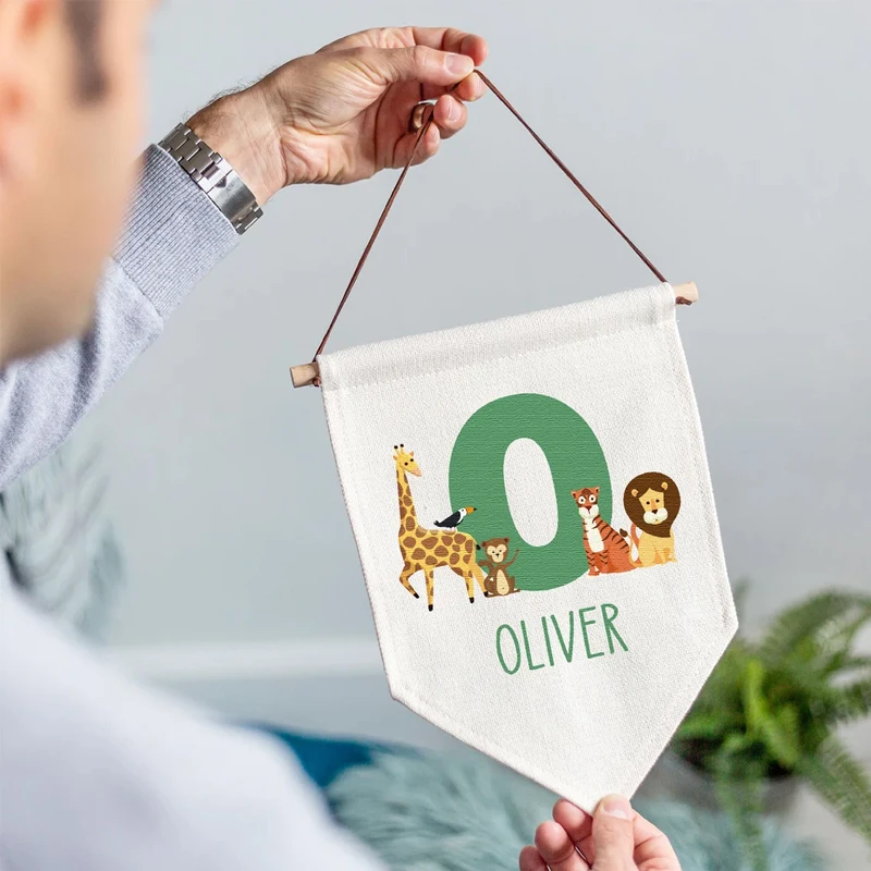Personalised Name Jungle Animal Pennant Flag Custom Kids Bedroom Wall Hanging Banner Baby Shower Newborn Nursery Decoration Gift