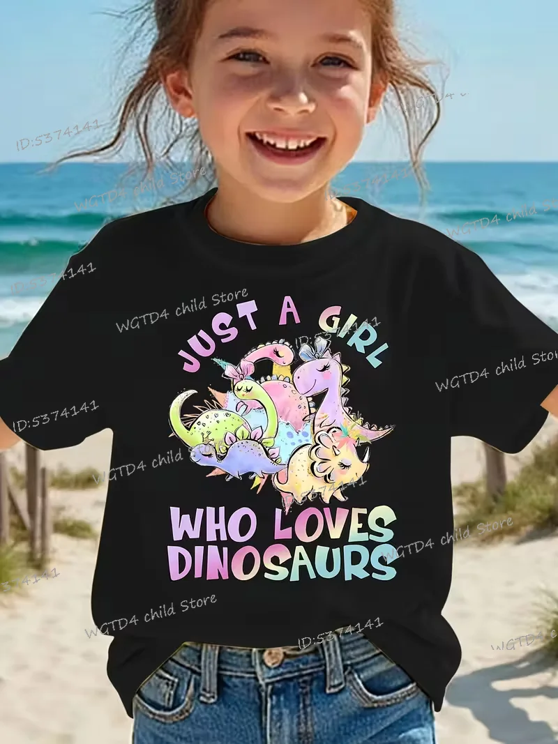 لطيف ديناصور الكرتون طباعة الفتيات الملابس أزياء الفتيات القطن قصير الأكمام تي شيرت مجرد فتاة تحب ديناصور الجرافيك المحملة #1