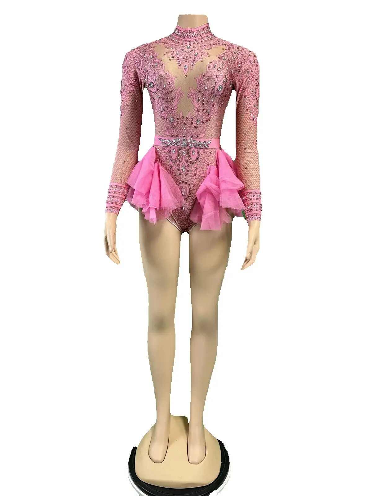 

Burlesque Special Occasions Pink Stage Glitter Women Concert Costumes Singer Show Dance Queen Bodysuit Rhinestones Red Ruffle