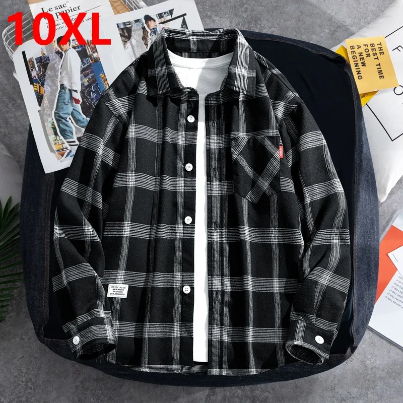 Spring  Autumn Checkered  Men Long sleeved Loose Japanese Style Shirt Trendy Man Plus Size Coat 150kg 10xl mens shirts