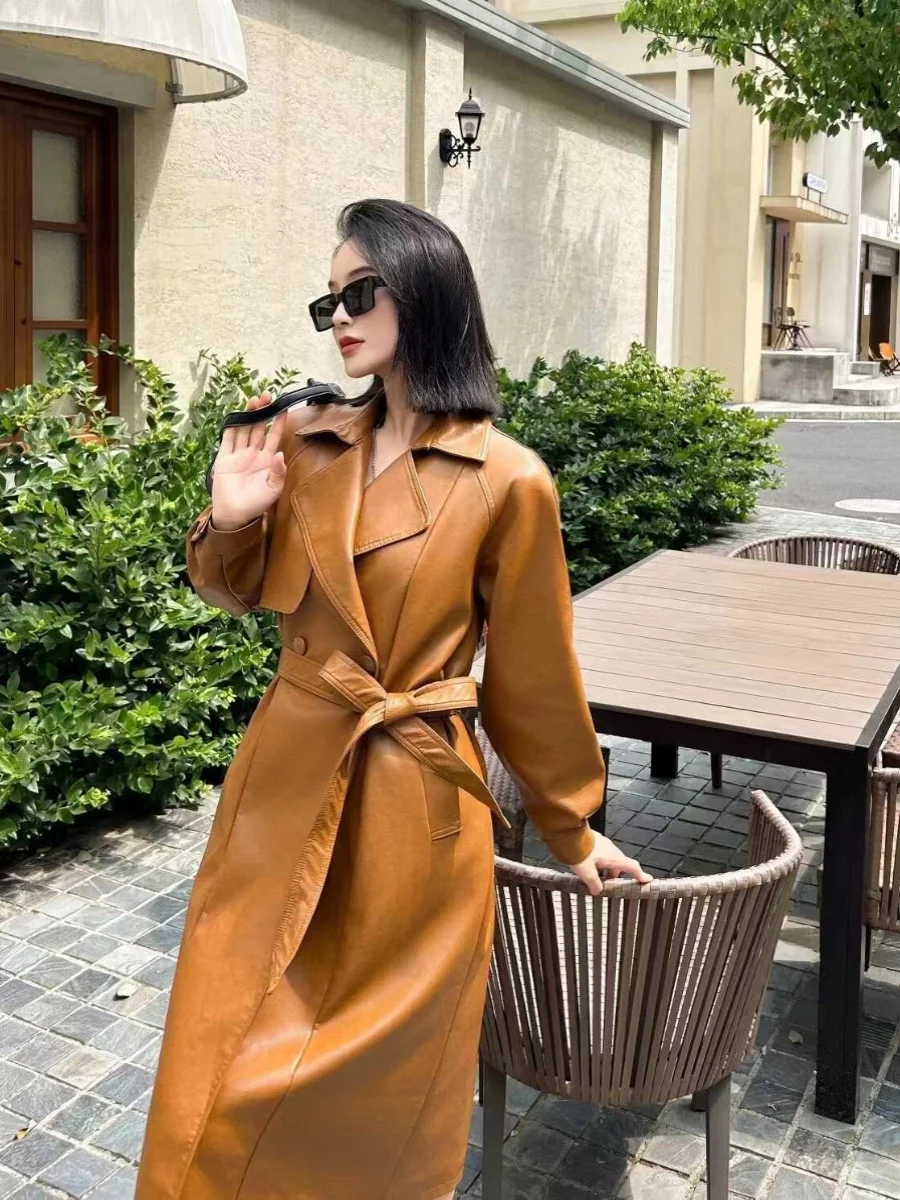 

ning Women's over Knee Long Slimming Faionable eepskin Leather Coat mid Length Korean Sle Commute Sle Loose Fit