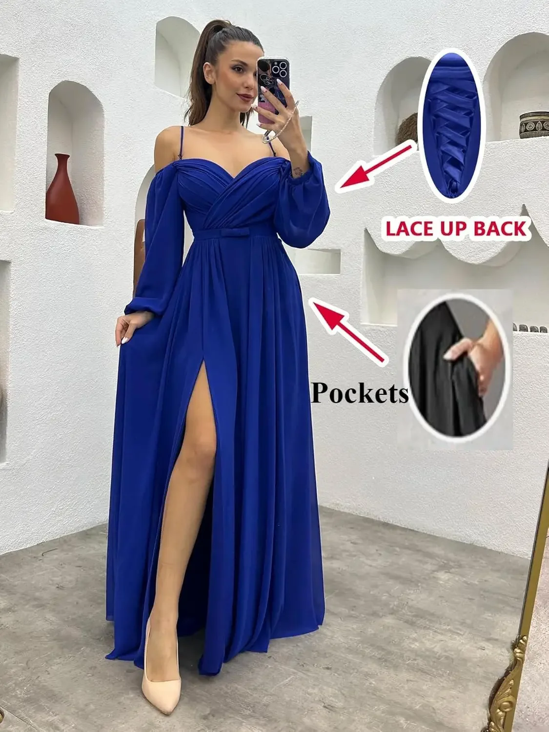 

Spaghetti Strap Wedding Guest Gown with Split and Pockets Ruched Formal Dress Women's Long Sleeve Bridesmaid Dress Tulle Dress