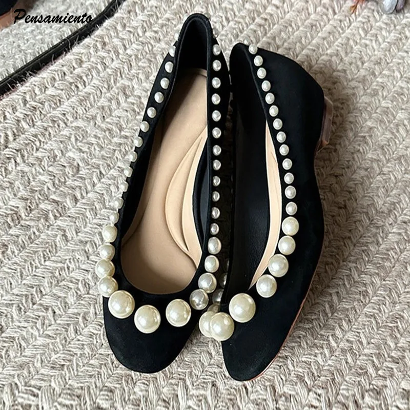 

Luxury Pearls Faux Suede Wedges Ballet Style Women Pumps Retro Mary Janes Slip-on Summer 5cm High heels Sweet Girls Party Shoes